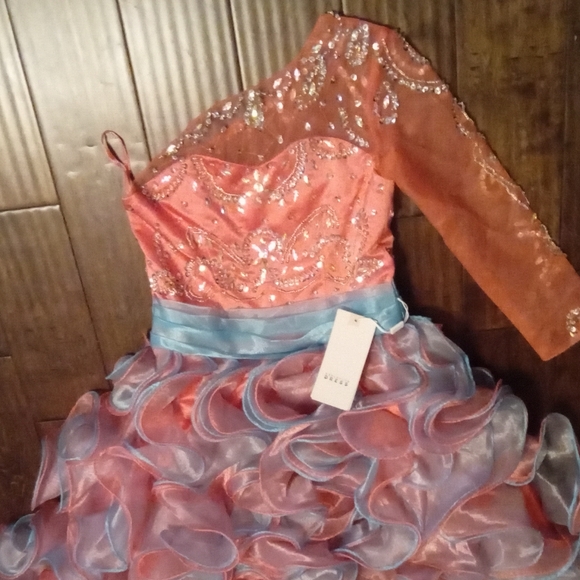 Sparkly One Shoulder Peach Blue Ruffle Pageant Dress Girls Size 6